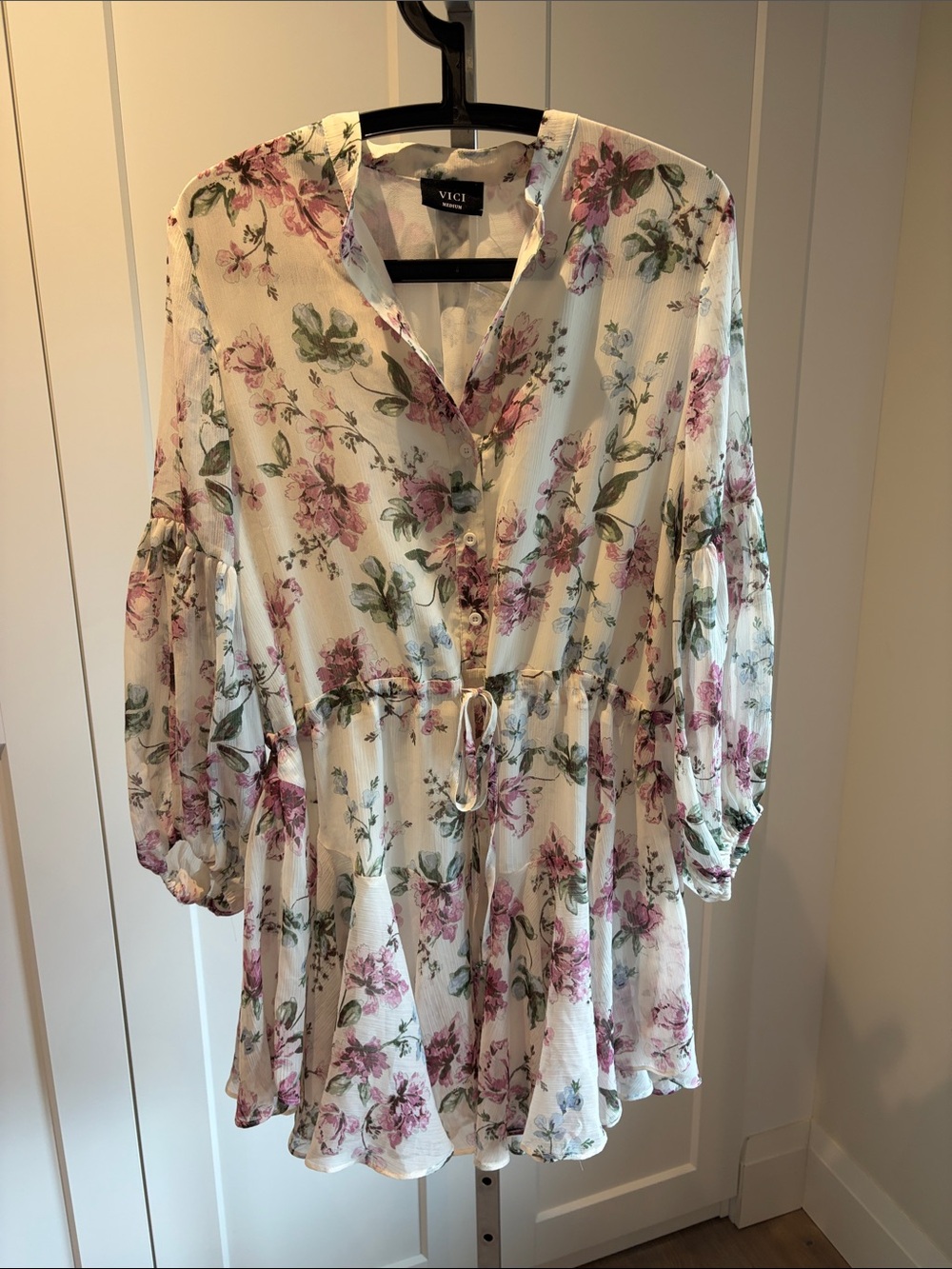 VICI White Floral Tie-Waist Tunic with Pink & Green Print